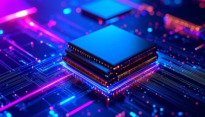 Futuristic Microchip with Glowing Circuitry and Vibrant Pink and Blue Light Streaks