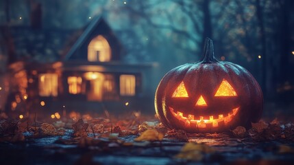 Halloween Pumpkin with Glowing Face in a Spooky Autumn Night Scene