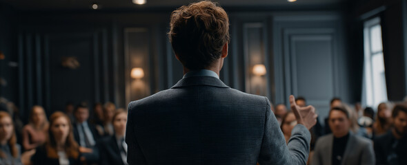 A business speaker stands in front of an audience, presenting on the latest trends and techniques for advertising digital marketing and office equipment using modern technology