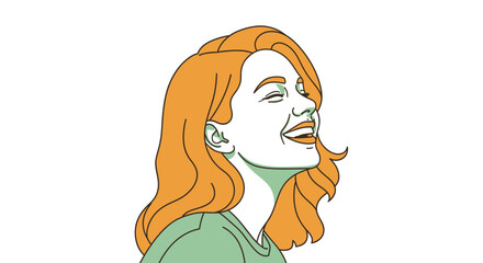 Illustration of a laughing woman with orange hair and green shirt looking upwards in a happy expression
