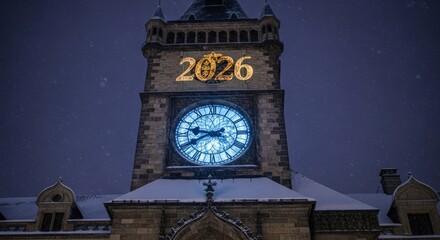 Spectacular New Year's Eve Countdown Projected onto Historic Clock Tower Welcoming the Year 2026 with a Festive Glow Under a Gentle Snowfall Creating a Magical Winter Ambiance