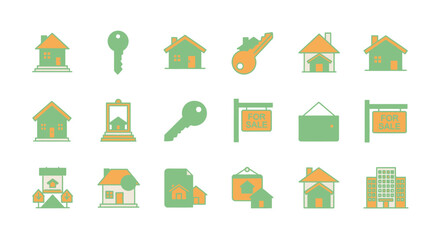 Illustration of various houses, keys, for sale signs, and apartment buildings in green and orange colors