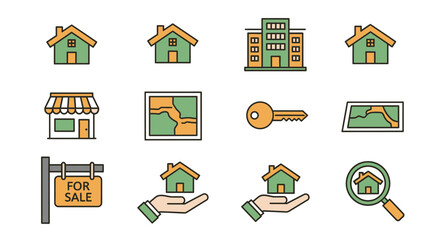 Real estate icons depicting houses, buildings, store, map, key, for sale sign, hand and magnifying glass