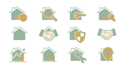 Collection of real estate icons showing houses with various financial and security elements shown here