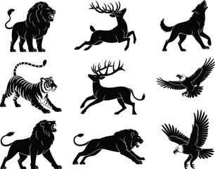 Black silhouette set of lions, wolves, tigers, deer, and eagles in various poses, symbolizing wild nature, strength, power, freedom, and wildlife.