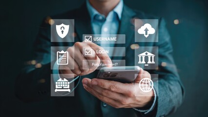 Businessman logging into secure system on smartphone with digital security icons overlay