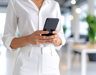 Businesswoman in white formal attire using a smartphone in a modern office. Concept of corporate communication and technology.
