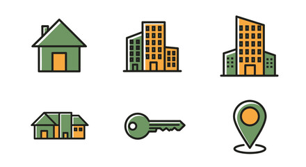 Illustration showing houses buildings key and location pin in green and orange color scheme on white background