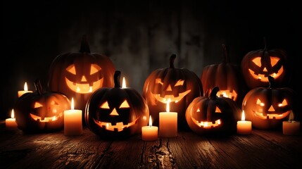 Carved Pumpkins with Candles on Wooden Table for Halloween Night