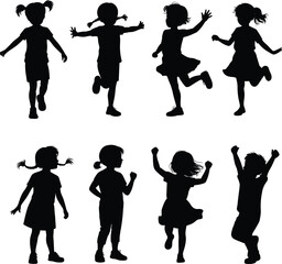 Black silhouette vector set of happy children playing, dancing, jumping, celebrating, diverse kid poses, joyful childhood, active kids, fun moments, energetic movements.