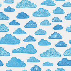 Fototapeta premium Seamless pattern of bright blue cartoon clouds on a light background, playful and cheerful hand-drawn style, perfect for kids’ designs, wallpapers, and textile prints.