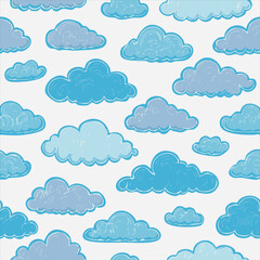 Obraz premium Seamless pattern of bright blue cartoon clouds on a light background, playful and cheerful hand-drawn style, perfect for kids’ designs, wallpapers, and textile prints.