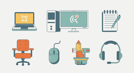 Illustration of office setup with computer laptop chair and other desk accessories in pastel colors