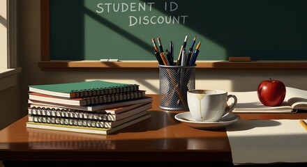 back to school marketing desk still life books coffee apple blackboard