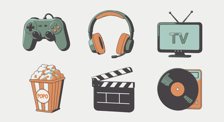 Illustration showing a game controller headphones television popcorn clapperboard and a vinyl record player © Muhammad