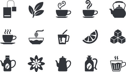Vector Tea Icons:  Brewing, Cups, Kettle, and Leaf Designs
