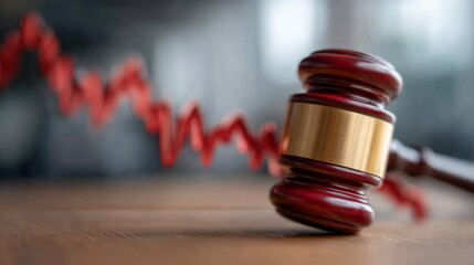 Wooden gavel with gold band resting on a table, symbolizing authority and justice in a courtroom setting