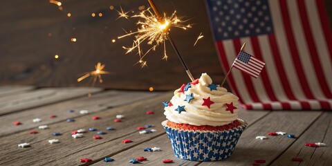 Festive cupcake with american flag, sparkler, and star sprinkles for 4th of july