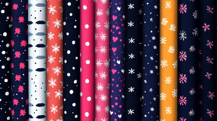 Tile patterns with repeating Scandinavian motifs, polka dot gift wraps, seamless snowflake grids
