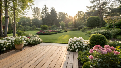Fototapeta premium Beautiful Garden with Lush Green Lawn and Flowerbeds at Sunrise Serene Outdoor Scene with Wooden Deck and Blooming Hydrangeas