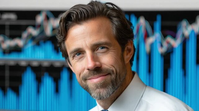 Smart Businessman: A composed businessman with a confident and intelligent demeanor poses in front of complex trading charts, encapsulating strategic vision. 