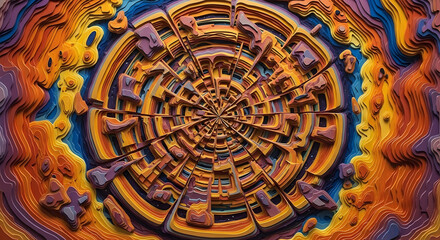 A colorful, layered design with intricate, textured forms.