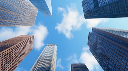 Towering Skyscrapers Reaching Towards a Blue Sky with Soft Clouds