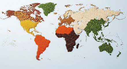 Vibrant world map crafted from diverse legumes and seeds, showcasing global food diversity and resources