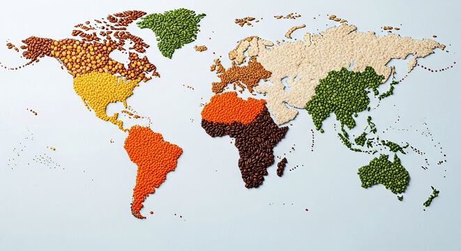 Vibrant world map crafted from diverse legumes and seeds, showcasing global food diversity and resources