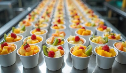 Overhead view of a conveyor belt with rows of yogurt cups topped with vibrant tropical fruit pieces in a clean industrial setting. Ideal for dairy production and food packaging