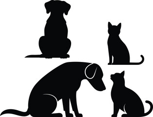 Dog and cat silhouettes, pet vector illustration, domestic animals graphic, sitting pets artwork, animal clipart, black silhouette design, isolated.