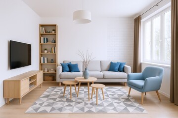 Modern Living Room with Light Gray Sofa, Blue Accent Chair, and Geometric Patterned Rug, illuminated by Natural Light