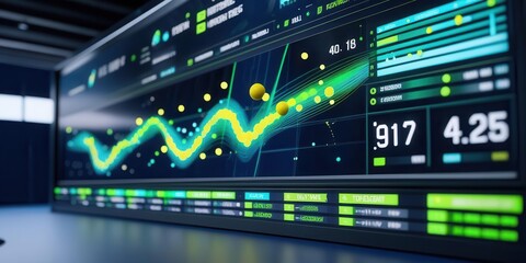 Fototapeta premium Analyzing data trends in business modern office infographic display high-tech environment aerial view data visualization