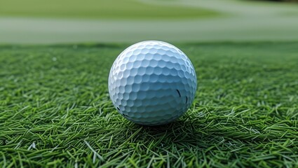 Fototapeta premium Golf ball on green grass golf course close-up photography natural setting ground level view sports focus