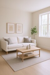 Obraz premium Serene Living Room with White Sofa, Wooden Coffee Table, and Natural Light Flooding Through a Large Window