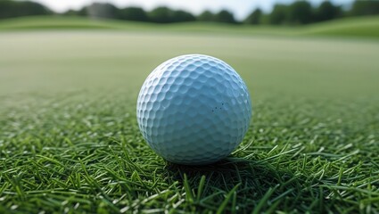 Obraz premium Golf ball ready for action on lush green course close-up view sports photography natural environment