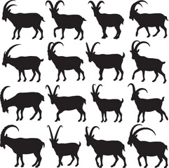 Grid Of Sixteen Black Silhouettes Of Ibex On White Background goat mountain goat