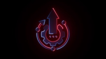 Glowing neon gear Outputs icon and up arrow sign on a black background animation. - Powered by Adobe