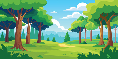Fototapeta premium Green Forest Landscape Vector Background. A flat design cartoon illustration of a park with a path and trees. A simple summer nature scene for a kids book, wallpaper, or travel poster.
