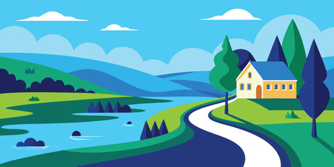Fototapeta premium House by the River Landscape Vector. A flat design illustration of a modern countryside scene. A minimalist nature background with a road and hills for a real estate poster or a banner.