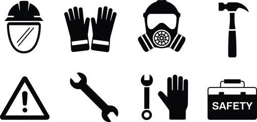 Safety equipment icons, helmet, gloves, gas mask, wrench, hammer, warning sign, protective gear, toolbox, repair tools, vector design