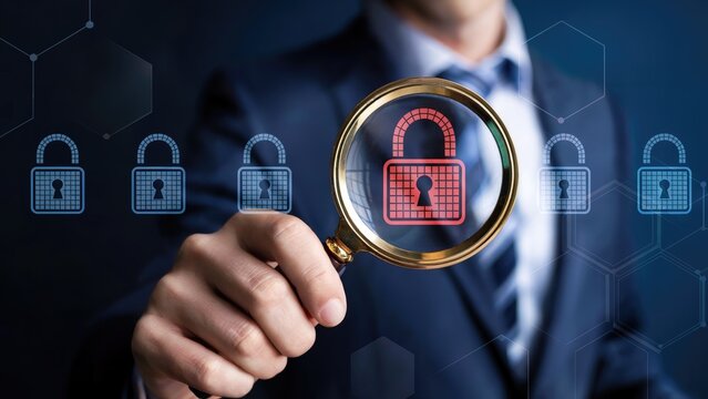 Businessman using magnifying glass to inspect digital security and data protection in a modern world