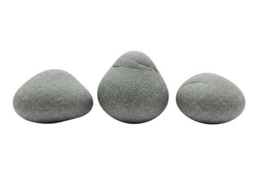 Three gray smooth stones arranged in a row isolated on transparent background
