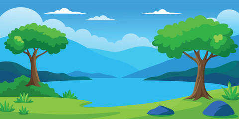 Fototapeta premium Lake and trees vector landscape background. A flat design cartoon illustration of a serene nature scene. A simple summer wallpaper for a kids book, travel poster, or educational graphic.