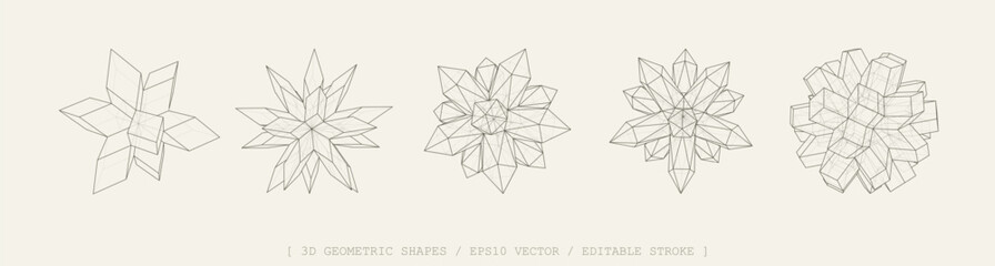 3D vector shapes set. Abstract polyhedron forms in geometry style. Geometric elements includes wireframe lines, crystal, cubes, polygon structures. Mesh graphic design for tech, math, science concepts