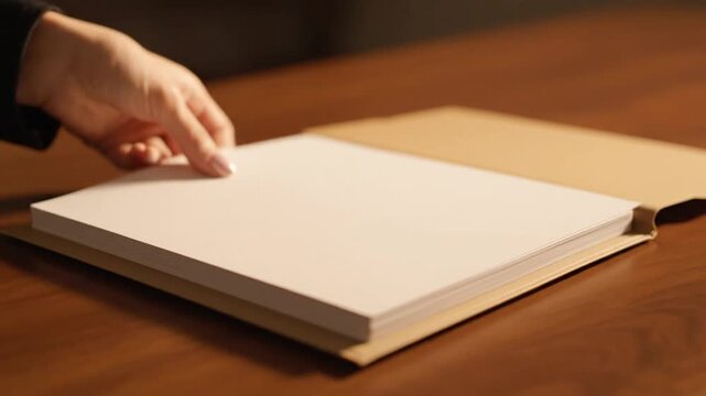 Business Professional Carefully Flips Through a Stack of Blank White Paper on a Wooden Desk.