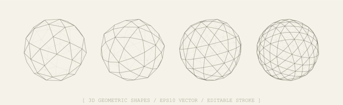 3D vector shapes set. Abstract polyhedron forms in geometry style. Geometric elements includes wireframe lines, spheres, globe, polygon structures. Mesh graphic design for tech, math, science concepts