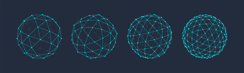 3D vector shapes set. Abstract polyhedron forms in geometry style. Geometric elements with lines and dots wireframe, spheres, polygon structures. Mesh graphic design for tech, math, science concepts