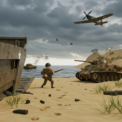 D-Day Illustration: Cartoon Soldier, Tank, and Plane on Beach with Landing Craft and Cloudy Sky