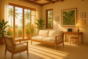 Fototapeta premium Bright and airy living room with tropical view, featuring comfortable seating and a wooden desk with a laptop.